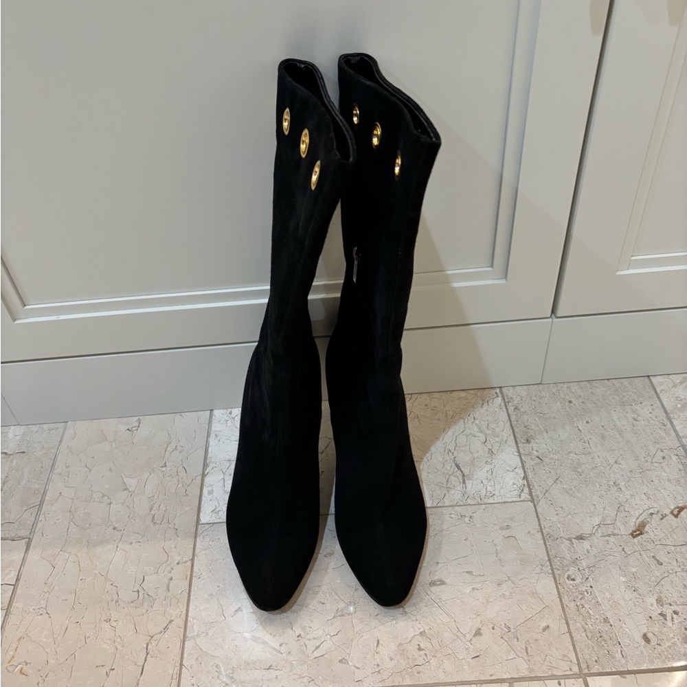 Jimmy Choo Black Heeled Boots with Gold Accents